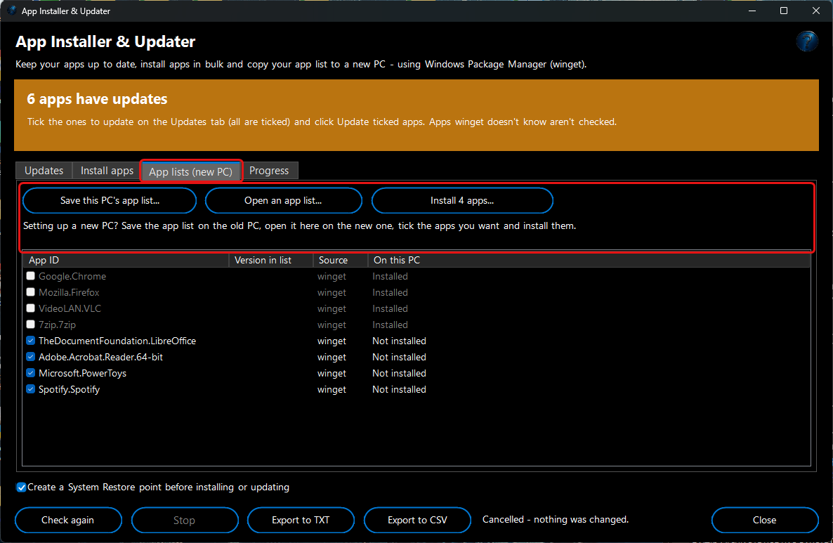 App Installer & Updater - app lists for a new PC