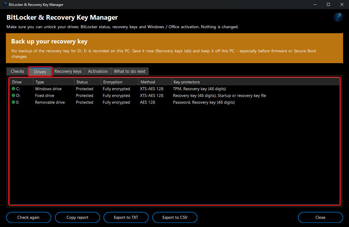 BitLocker & Recovery Key Manager - drives