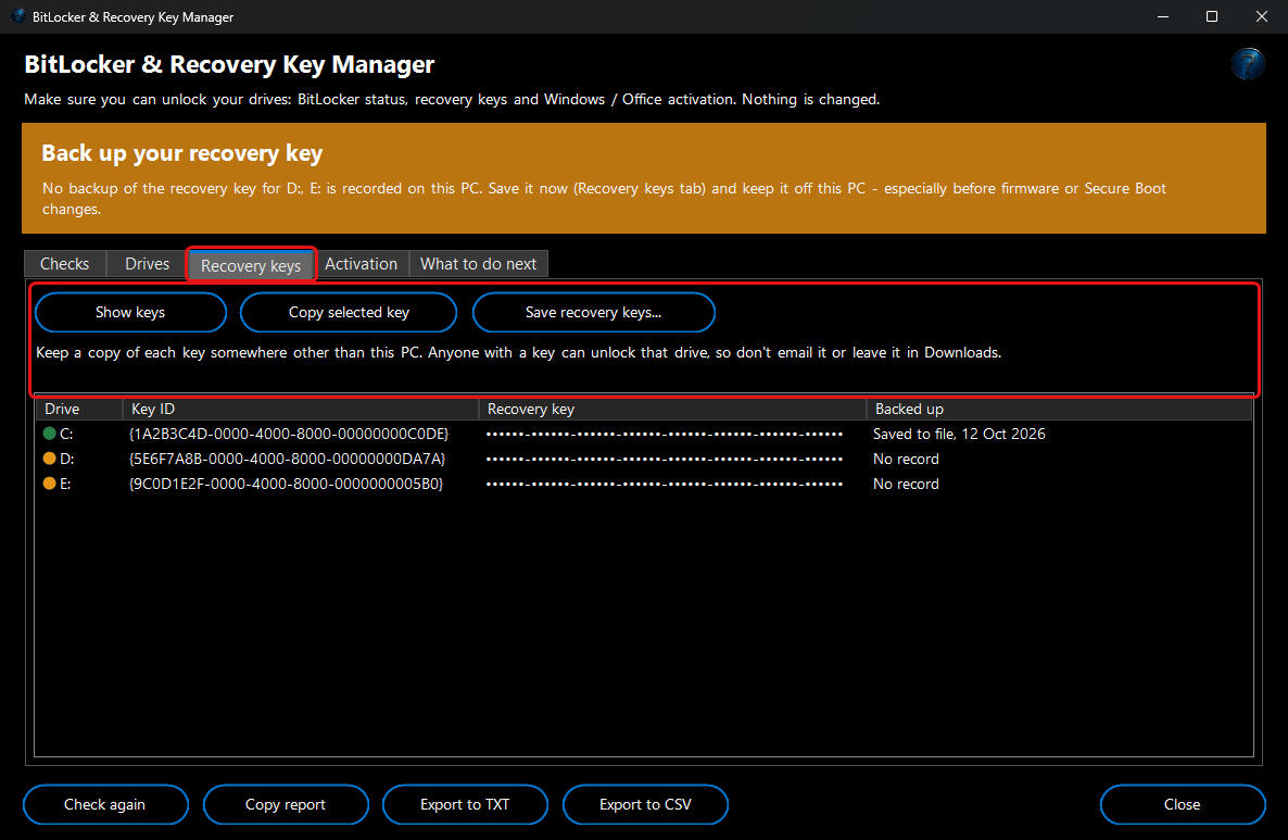 BitLocker & Recovery Key Manager - recovery keys