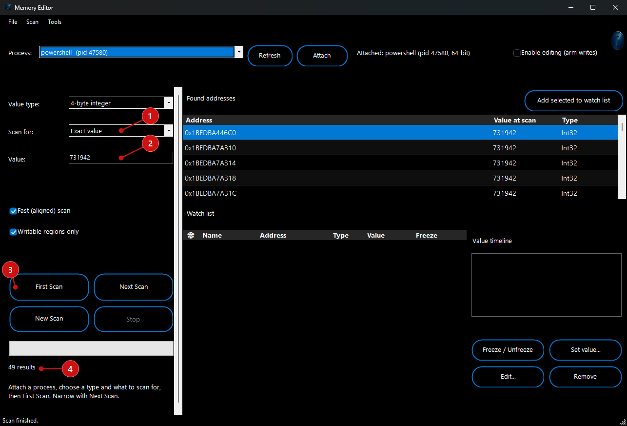 FW Admin Tech Tool Pro - Memory Editor scanning