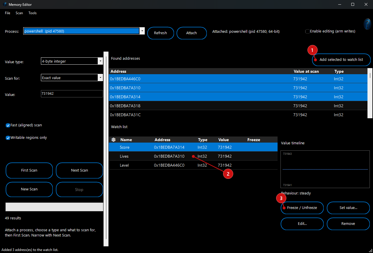FW Admin Tech Tool Pro - Memory Editor watch list