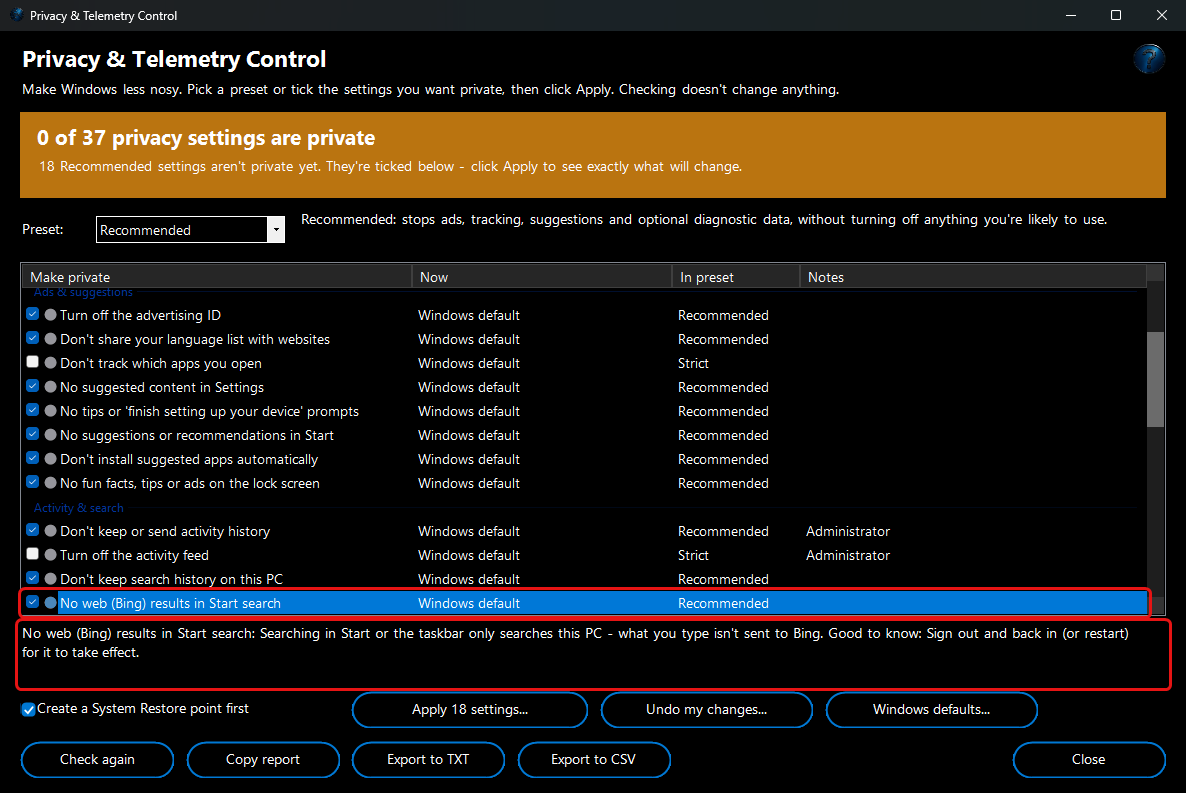 Privacy & Telemetry Control - what a setting does