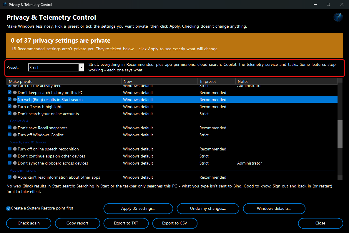 Privacy & Telemetry Control - Strict preset
