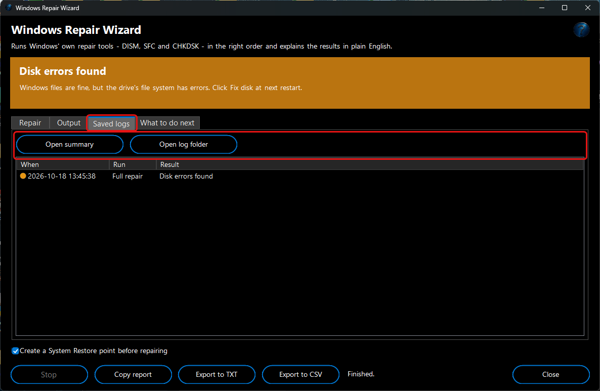 Windows Repair Wizard - saved logs