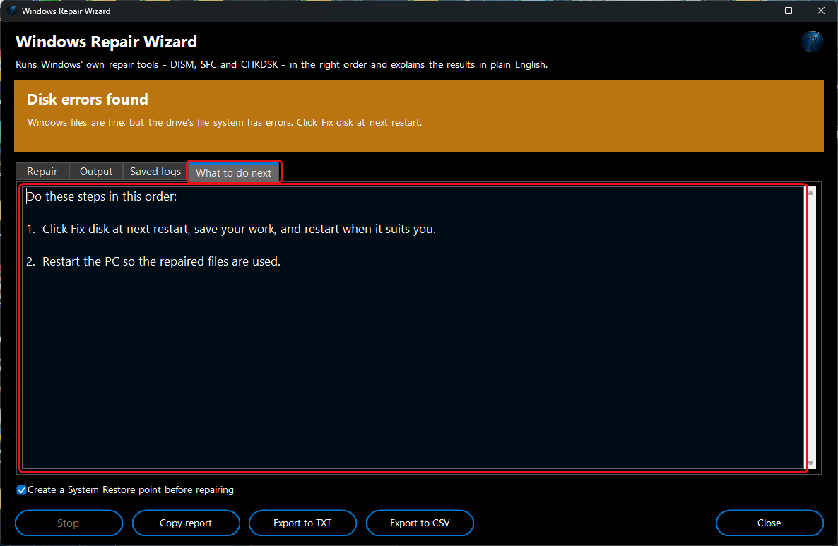 Windows Repair Wizard - what to do next