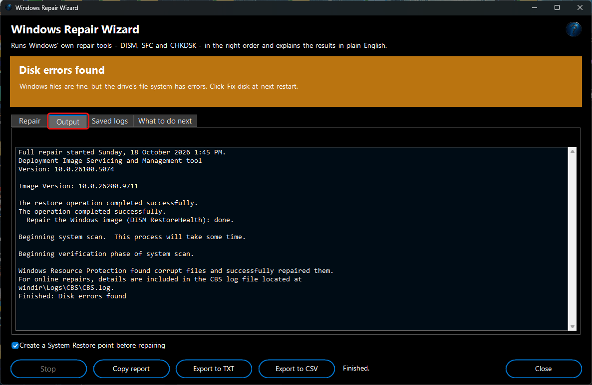 Windows Repair Wizard - tool output