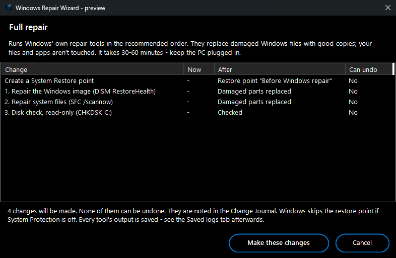 Windows Repair Wizard - full repair preview