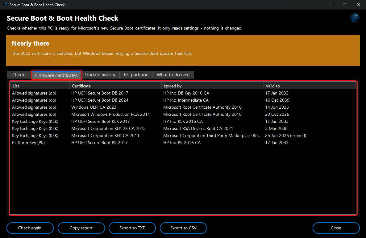 Secure Boot & Boot Health Check - firmware certificates
