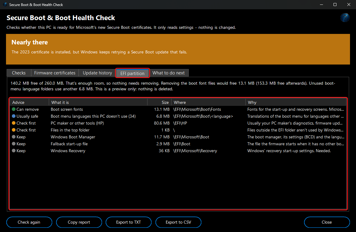 Secure Boot & Boot Health Check - EFI partition cleanup preview