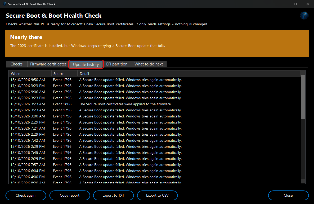 Secure Boot & Boot Health Check - update history