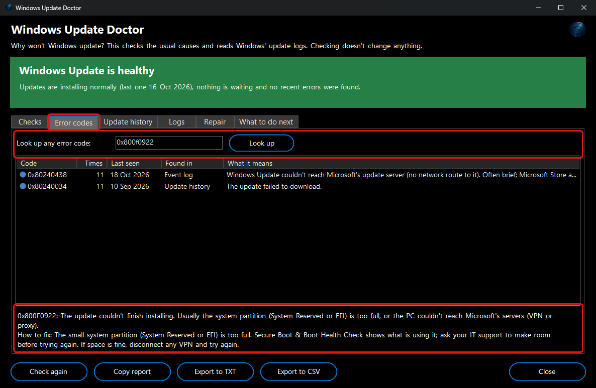 Windows Update Doctor - error code decoder