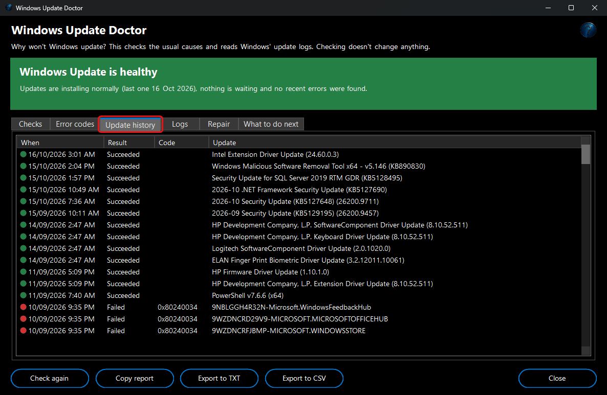 Windows Update Doctor - update history