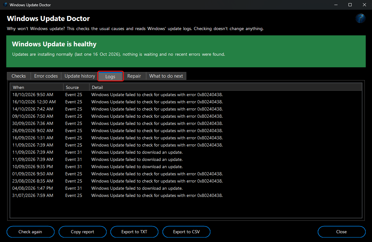 Windows Update Doctor - log evidence